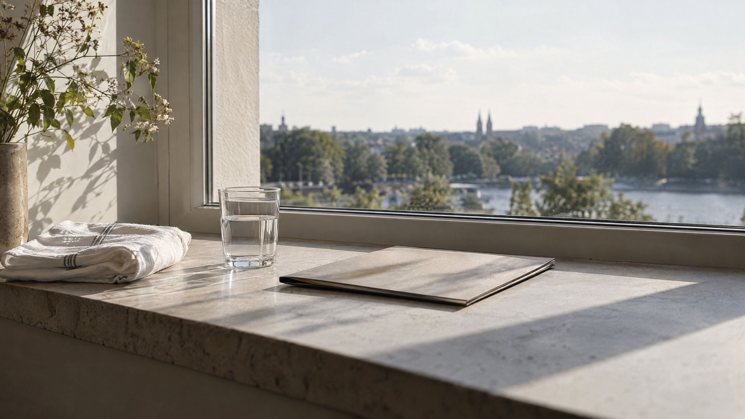Ein Messgerät mit leerer, dunkler Anzeige neben einem offenen Notizblock auf einem Tisch am Fenster.