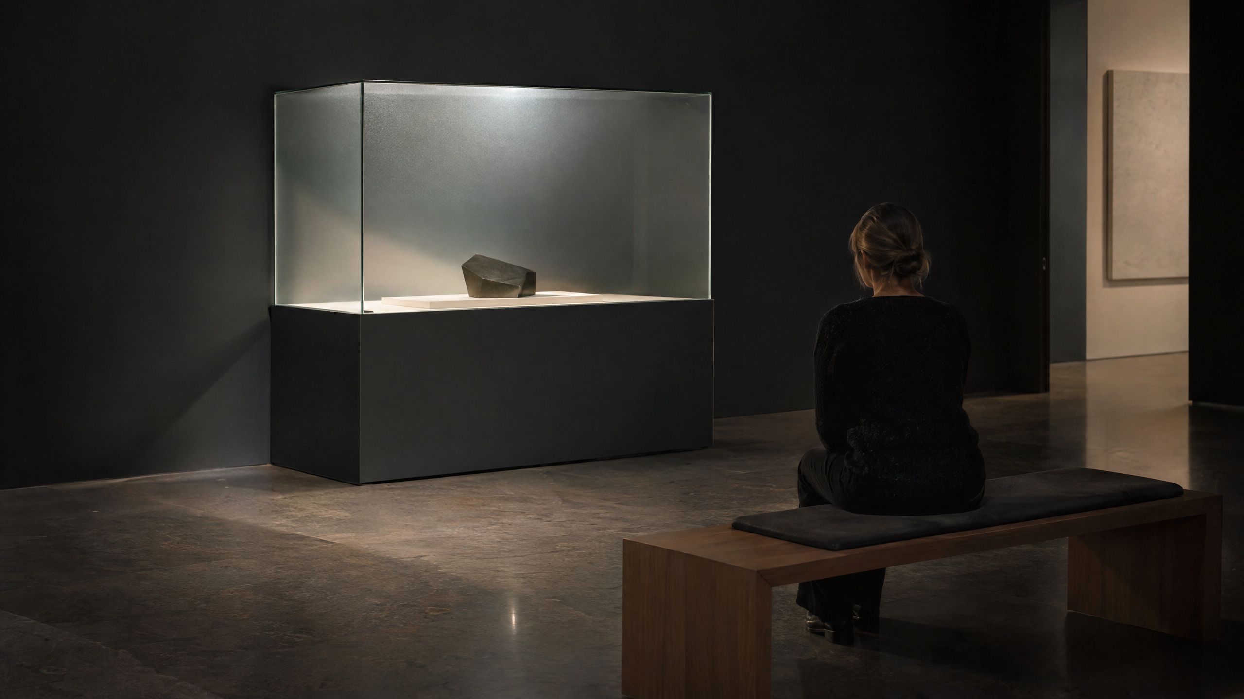 Eine Vitrine aus mattiertem Glas in einem dunklen Raum. Im Inneren liegt auf einer hellen Unterlage ein einzelnes kantiges Objekt, das seitliche Licht wirft einen weichen Schatten auf den Boden der Vitrine.