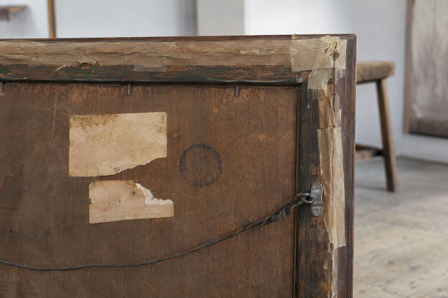 Die Rückseite eines gerahmten Bildes in Nahaufnahme. Auf der Holzplatte kleben zwei vergilbte Papieretiketten, eines davon halb abgerissen, daneben ein Stempel in blasser Tinte. Am Rand ist der Rahmen mit Klebeband mehrfach nachgeklebt.