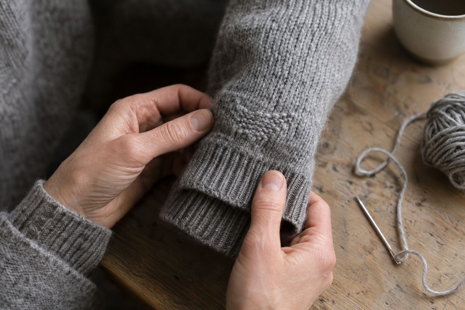 Eine Stopfstelle an einem grauen Strickärmel in Nahaufnahme, daneben eine Stopfnadel mit Wollfaden.