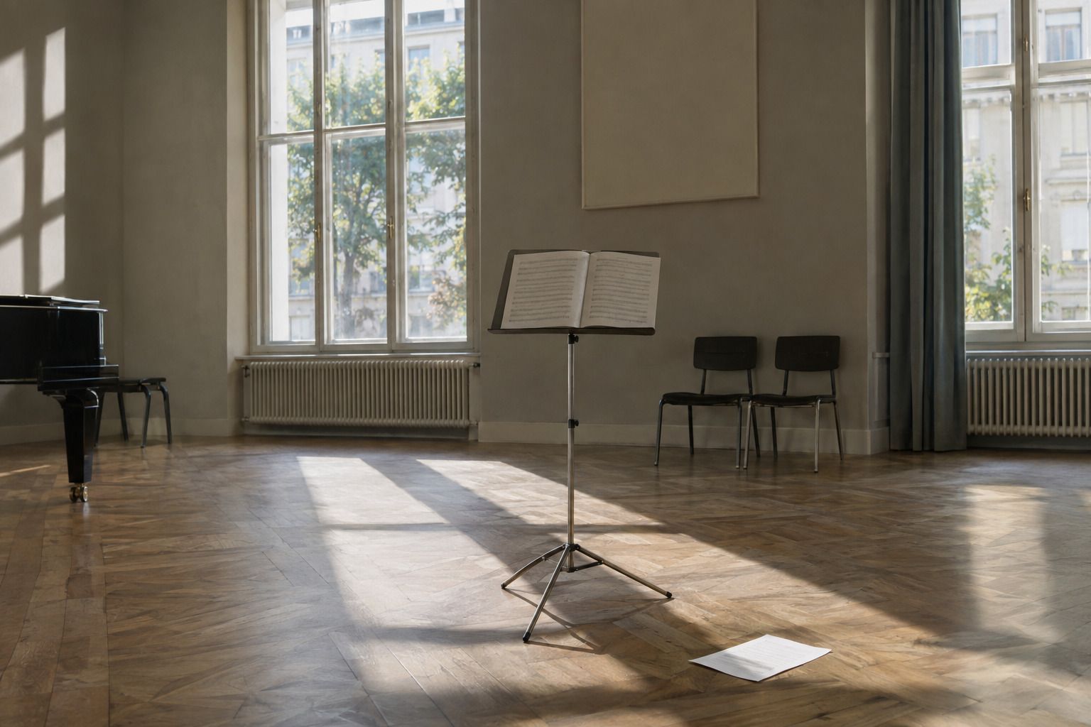 Ein leerer Proberaum mit Parkettboden und hohen Fenstern. In der Mitte steht ein Notenpult aus Metall mit aufgeschlagener Notenmappe, dahinter lehnen zwei Stühle an der Wand. Auf dem Boden liegt ein einzelnes Blatt Papier.