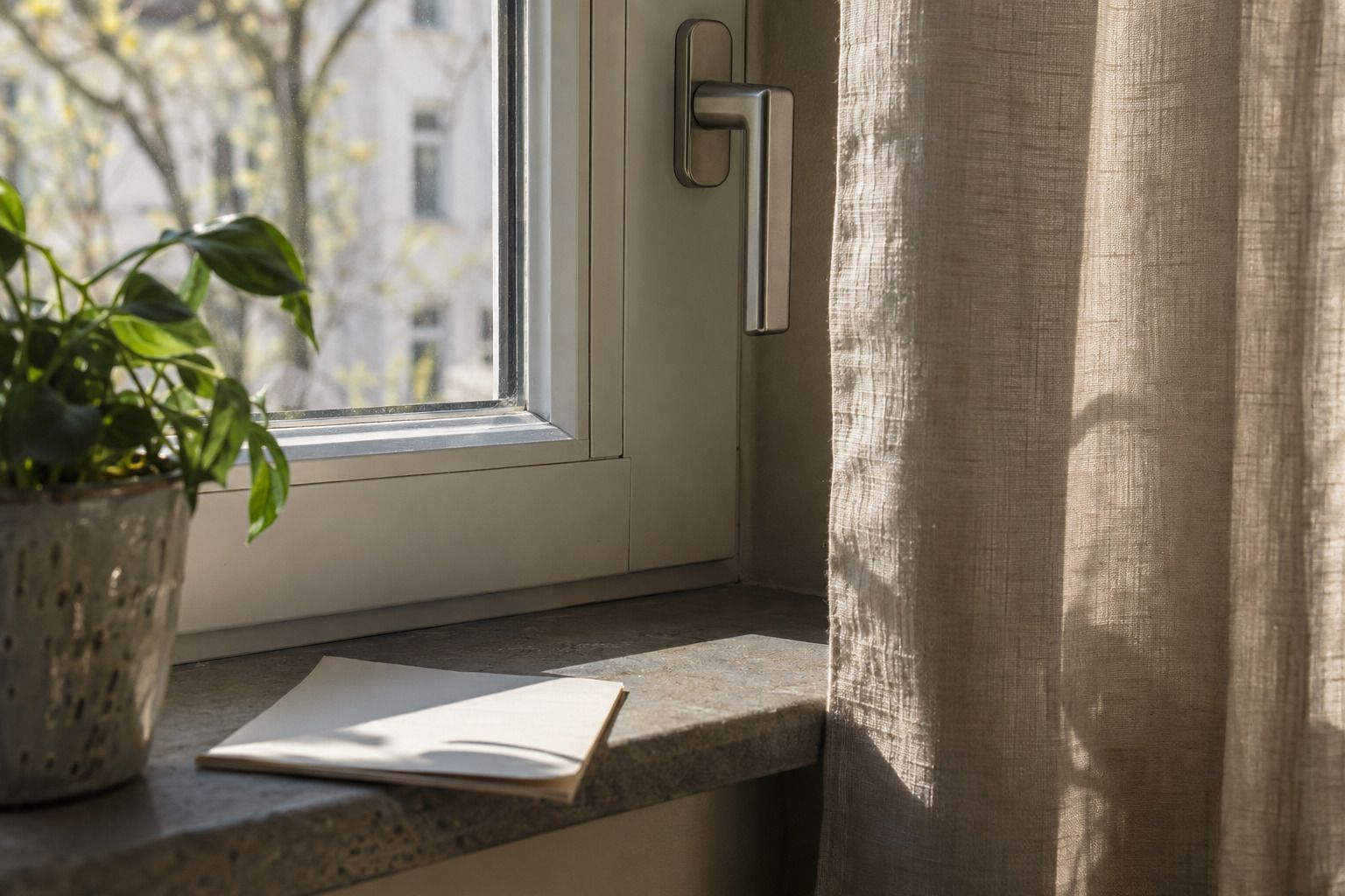 Nahaufnahme eines Fenstergriffs und eines Stoffvorhangs im Tageslicht; auf der Fensterbank liegt ein Notizzettel.