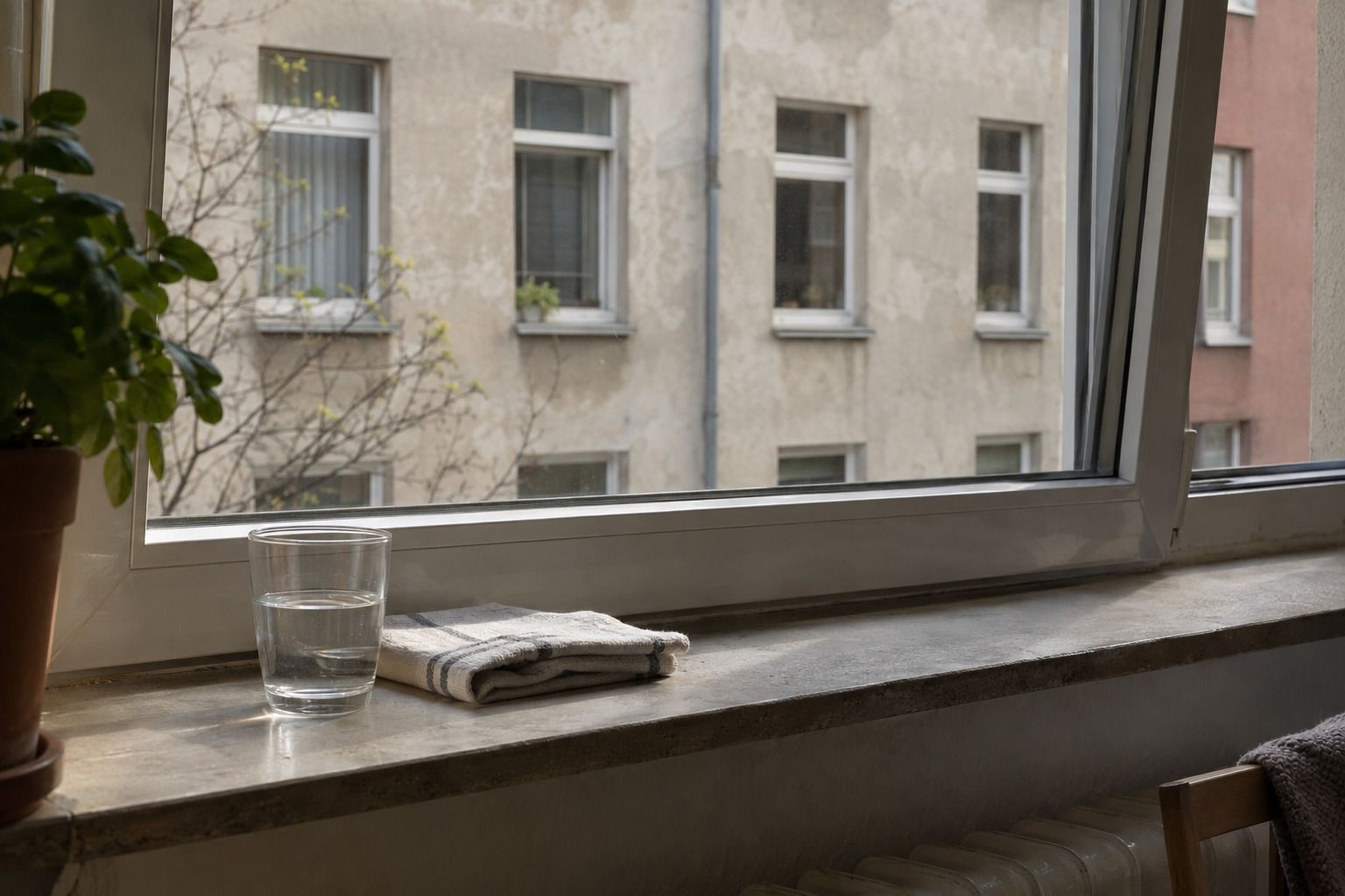 Blick durch ein gekipptes Fenster auf eine gegenüberliegende Hauswand; im Vordergrund ein Fensterbrett mit einem Glas Wasser und einem gefalteten Tuch.