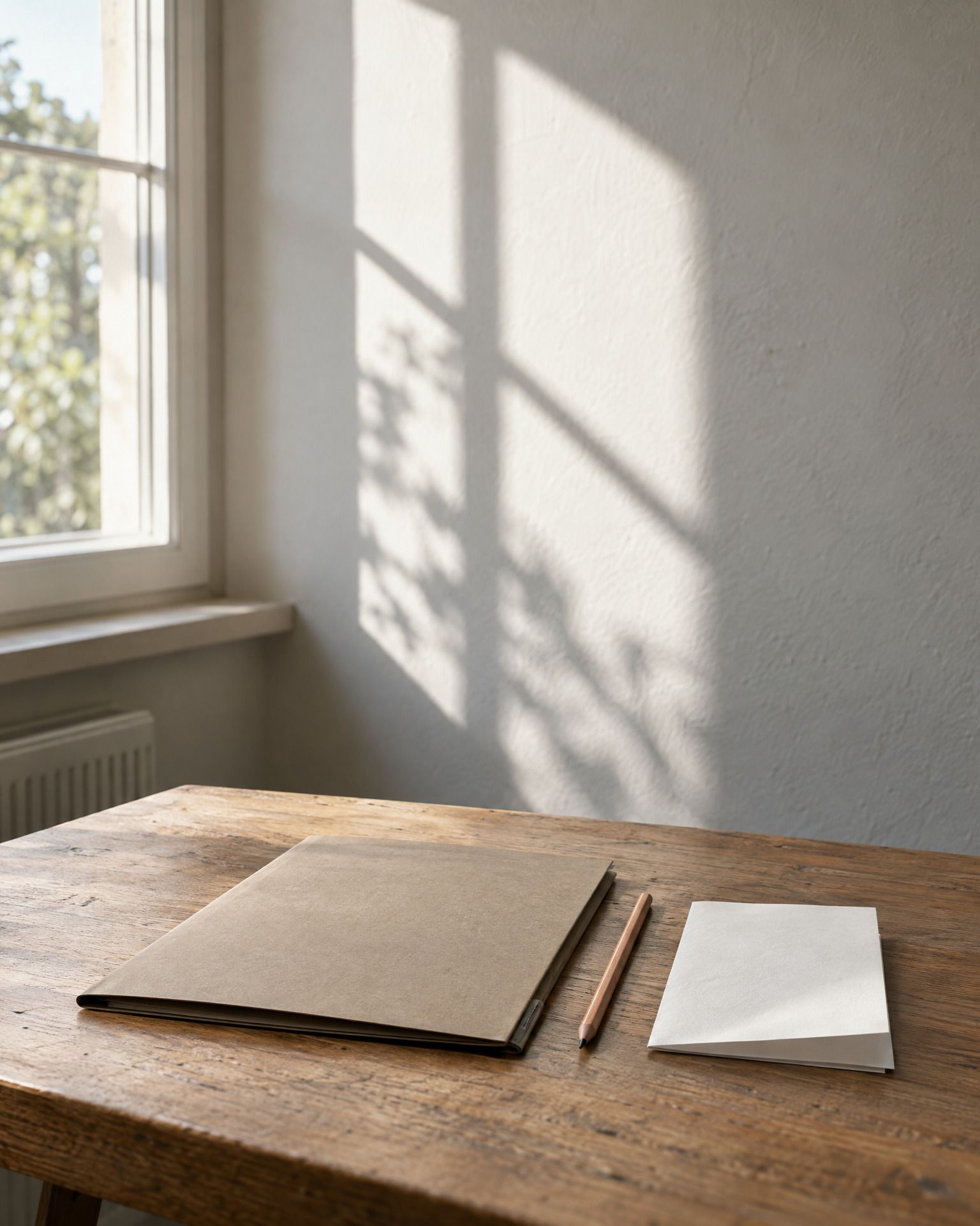 Eine Tischecke mit einer geschlossenen Mappe, einem Stift und einem Schlüsselbund. Ein Fenster wirft weiches Licht auf das Holz.
