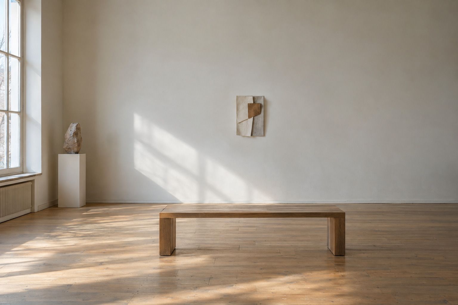Ein leerer Ausstellungsraum mit hellem Dielenboden. An der Stirnwand hängt eine große Leinwand mit breiten Bahnen in Rot, Blau und hellem Grau, davor steht eine niedrige Sitzbank aus Holz. Der Lichtkegel einer Deckenleuchte endet kurz vor dem Bild.
