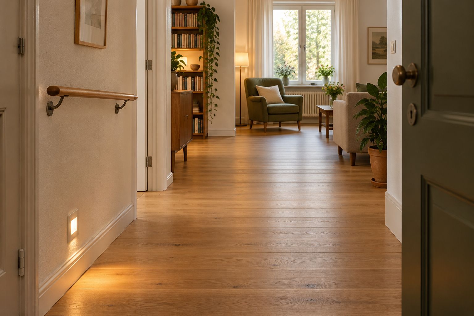 Ein heller, aufgeräumter Flur führt in ein Wohnzimmer. An der Wand befindet sich ein schlichter Handlauf; der freie Holzboden wird von Tageslicht und einem kleinen Orientierungslicht beleuchtet.